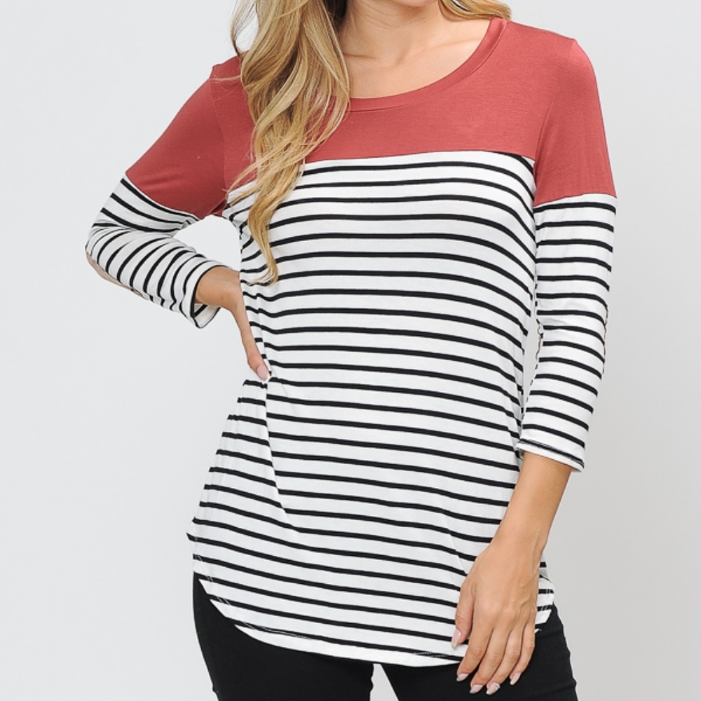 3/4 SLEEVE COLOR BLOCK TOP WITH ELBOW PATCH